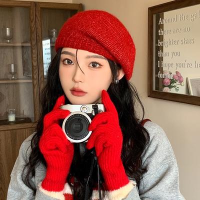 Knitted Beret Female Winter British Retro Trendy Mohair Solid Color Wool Hat Showing the Face Small Warm Wool Painter Hat