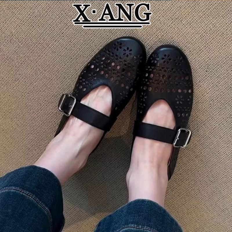 Leather Mary Jane shoes with soft soles are not tired women's shoes, one pedal flat-soled single shoes, hollow and breathable hole shoes