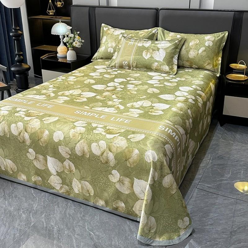 Nordic Style Floral Printed Cooling Mat Set Summer Skin Friendly Ice Silk Bed Sheet Set With Pillowcase Breathable Bed Mattress