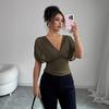 European and American Fashion Deep V-neck Puff Sleeve Fitted Waist Women's Top