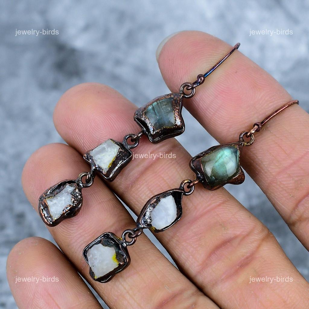 Labradorite Stone Mother Gift Electroformed Drop Dangle Earrings Jewelry Copper VP-94