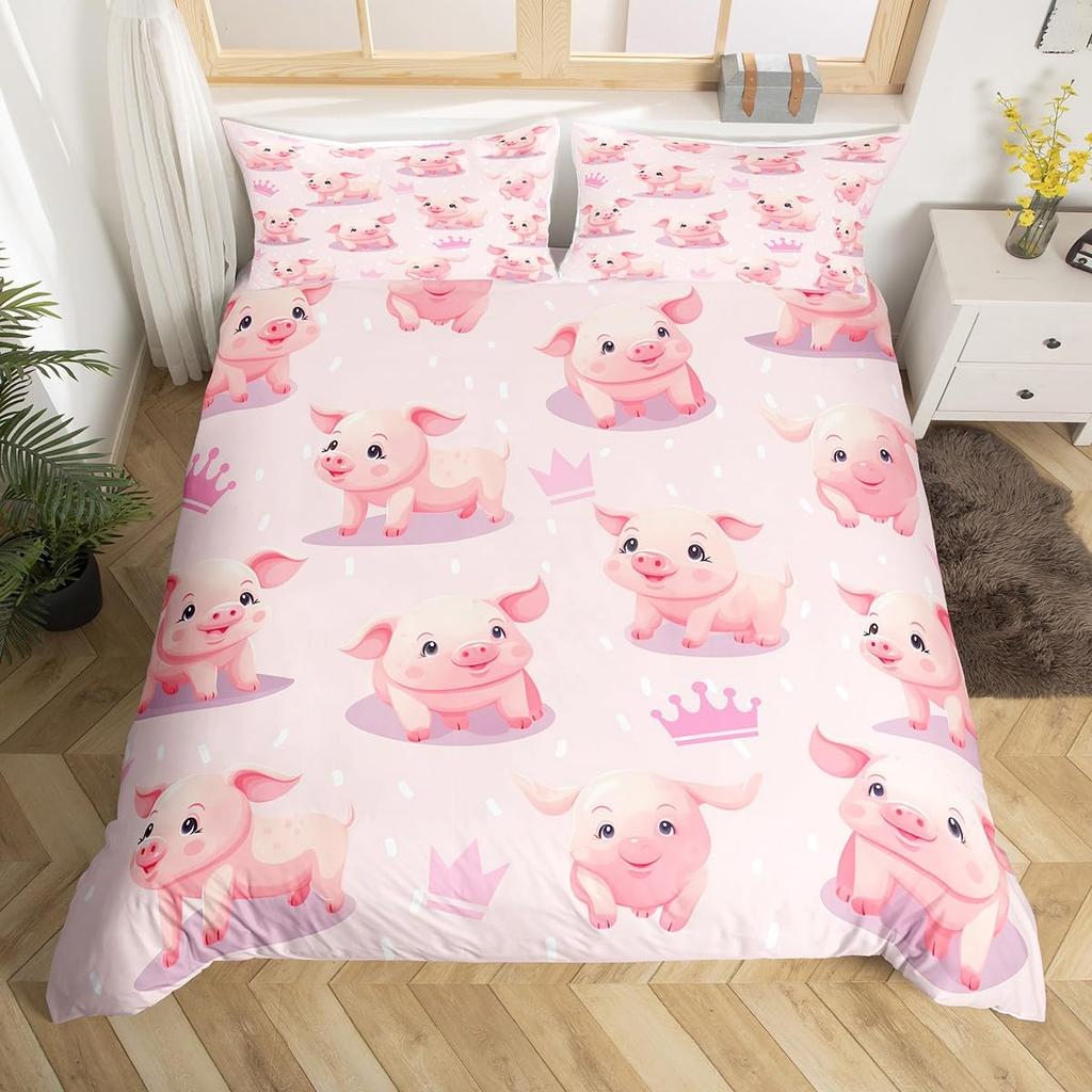 Rozā cūciņas gultas veļas komplekts King Queen Guļošas cūciņas segas pārvalks bērniem, zēniem, meitenēm, Kawaii dzīvnieku segas pārvalks ar 2 spilvendrānām