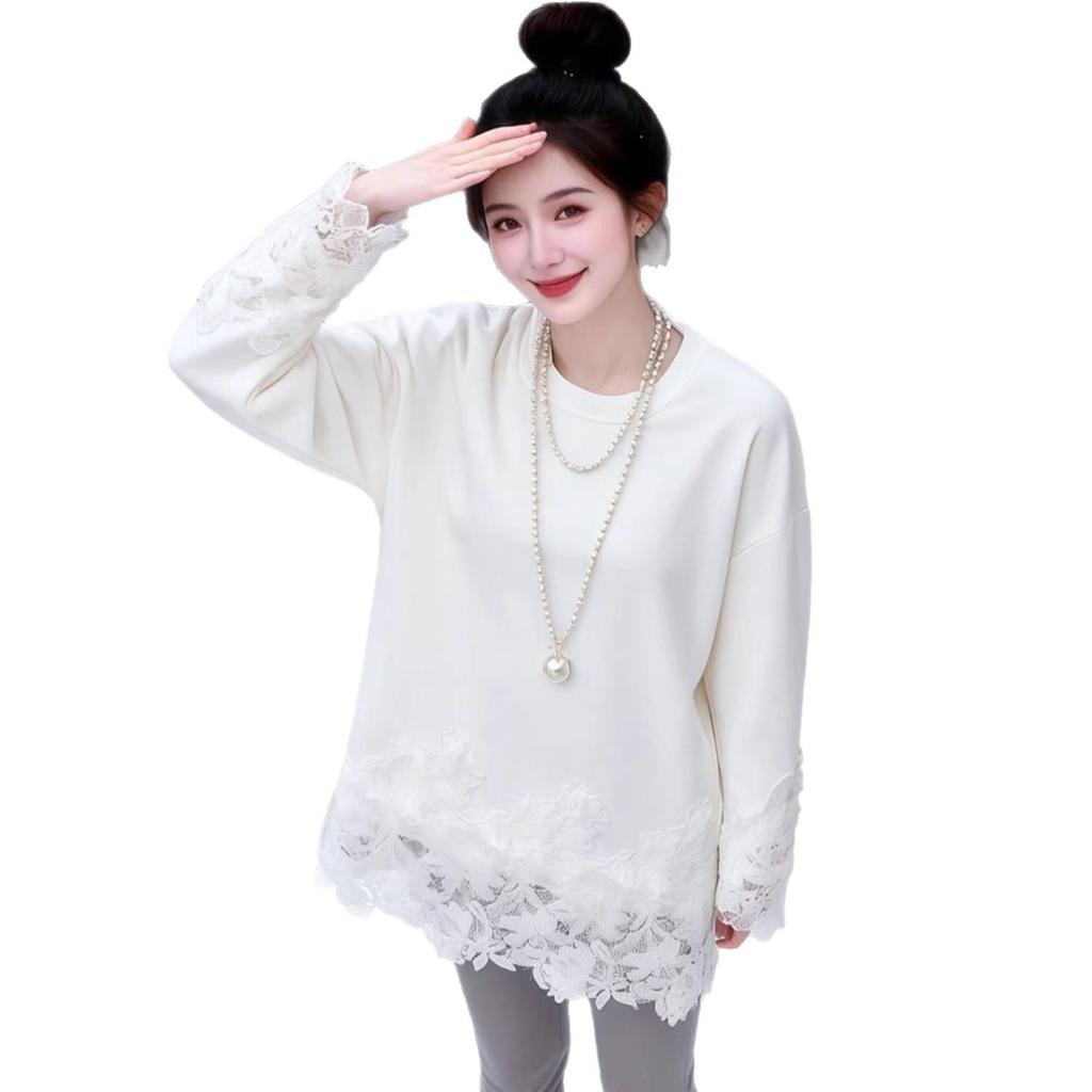 Women's Mid-Length Fleece Lace Patchwork Long Sleeve Top - Thick Base Layer for Autumn/Winter 2026