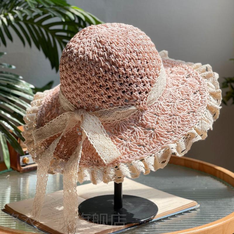 Handmade Women's Summer Hollow Straw Hat - Lace Strap Panama Bucket Hat, Foldable UV Protection, Suitable for Beach and Travel