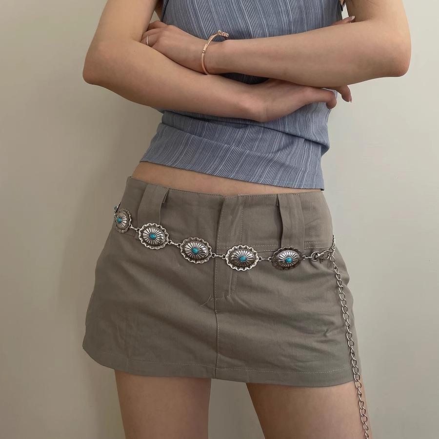 Retro Ethnic Style Belt Women'S Brown Printing Design Sense Matching Skirt Jeans Belt Texture Metal Waist Chain