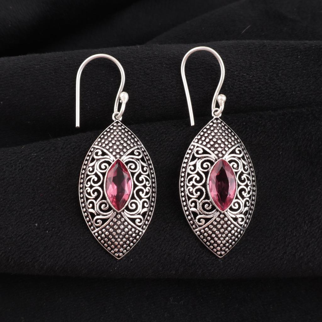 Pink Tourmaline Gemstone 925 Sterling Silver Jewelry Drop/Dangle Earrings 2.15" CE-20-13