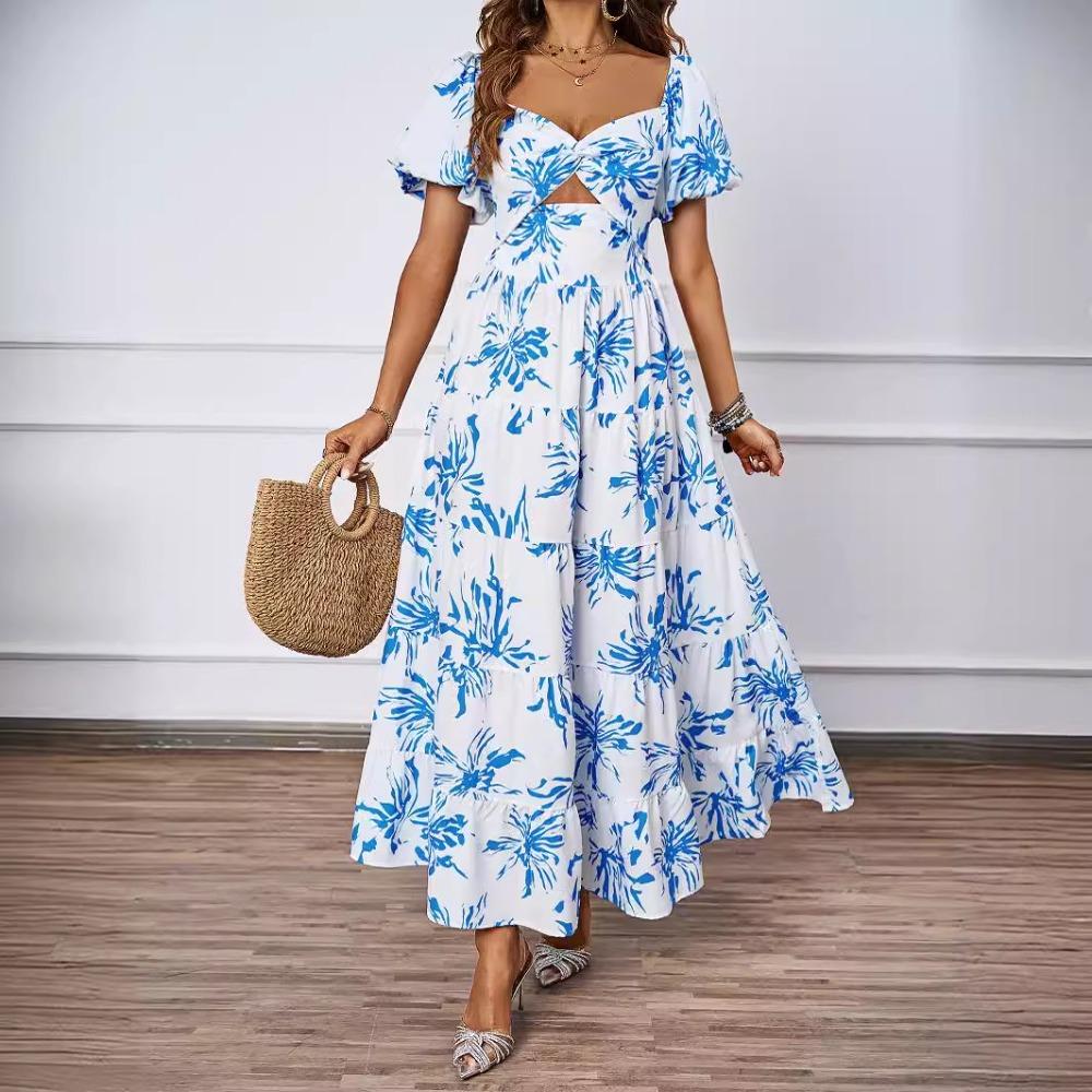 Sommerkleid für Damen, elegant, mit Blumenmuster und ausgehöhlten Schultern