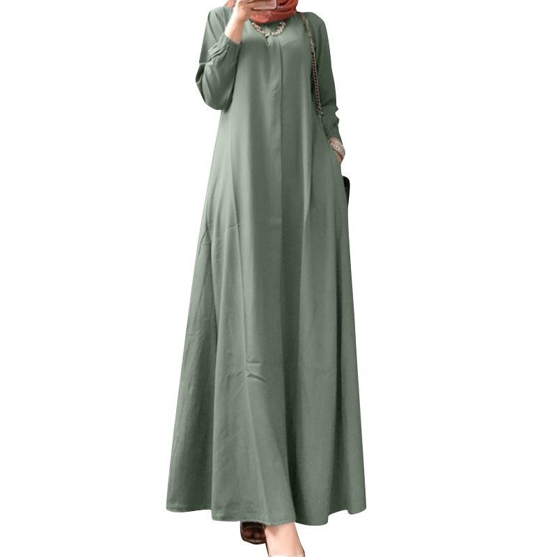 New Plus Size Muslim Women's Casual Long Sleeve Robe Dress - Solid Color