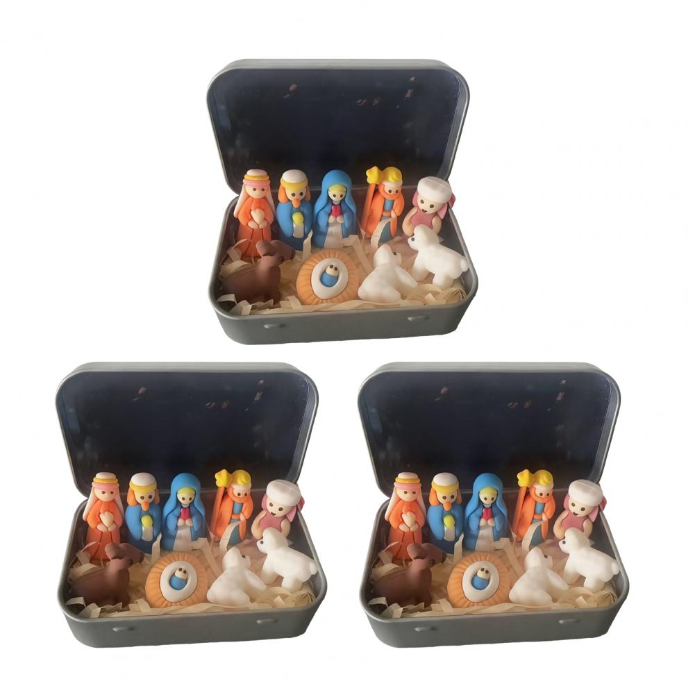1/2/3Pcs Mini Nativity Scene Set in Tin Box Handcrafted Pocket Size Nativity Scene Tin Resin Birth of Jesus Ornament Christmas D
