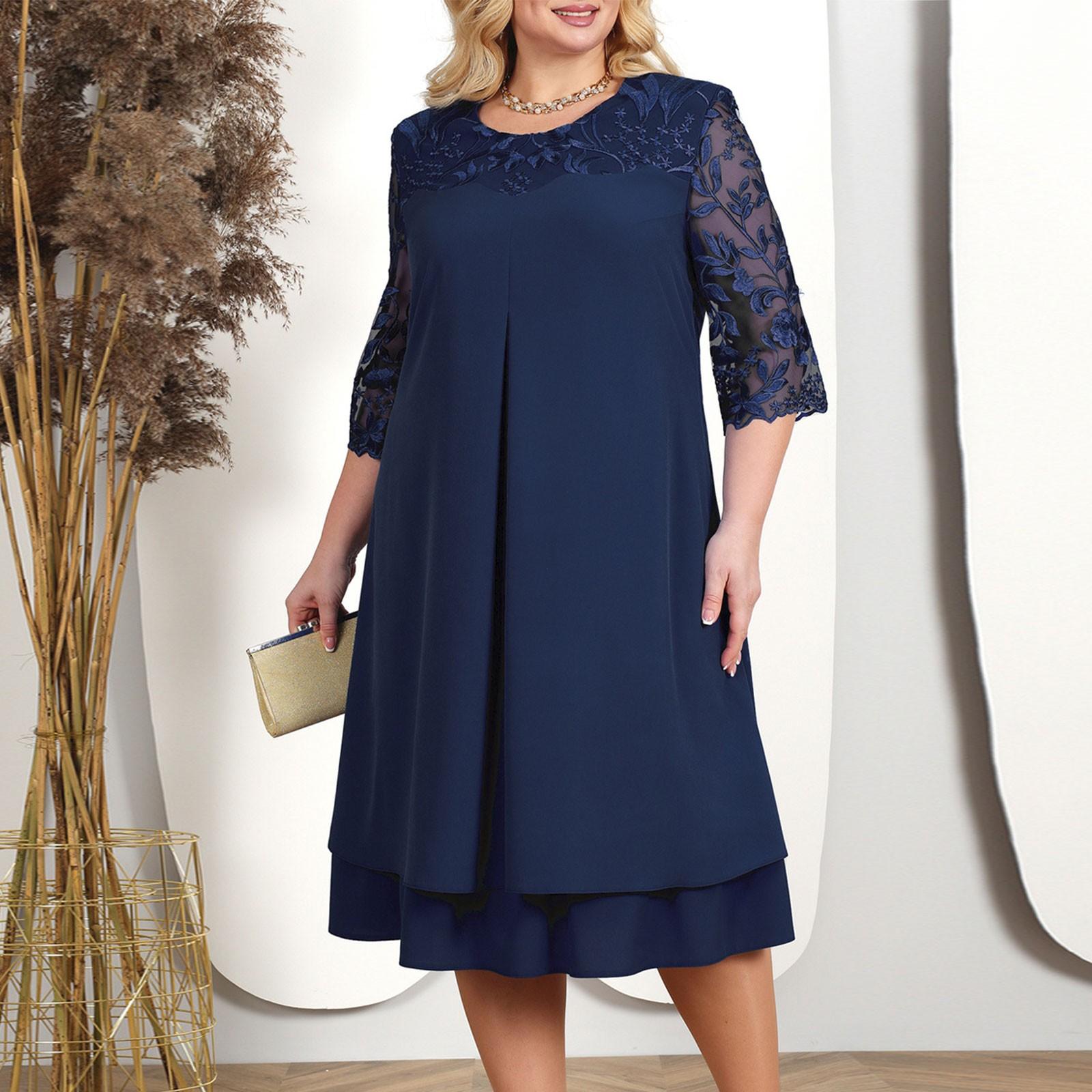 

Женское сплошное цветное лоскутное кружевное повседневное платье с половиной рукавом и круглым вырезом большого размера L тёмно-синий