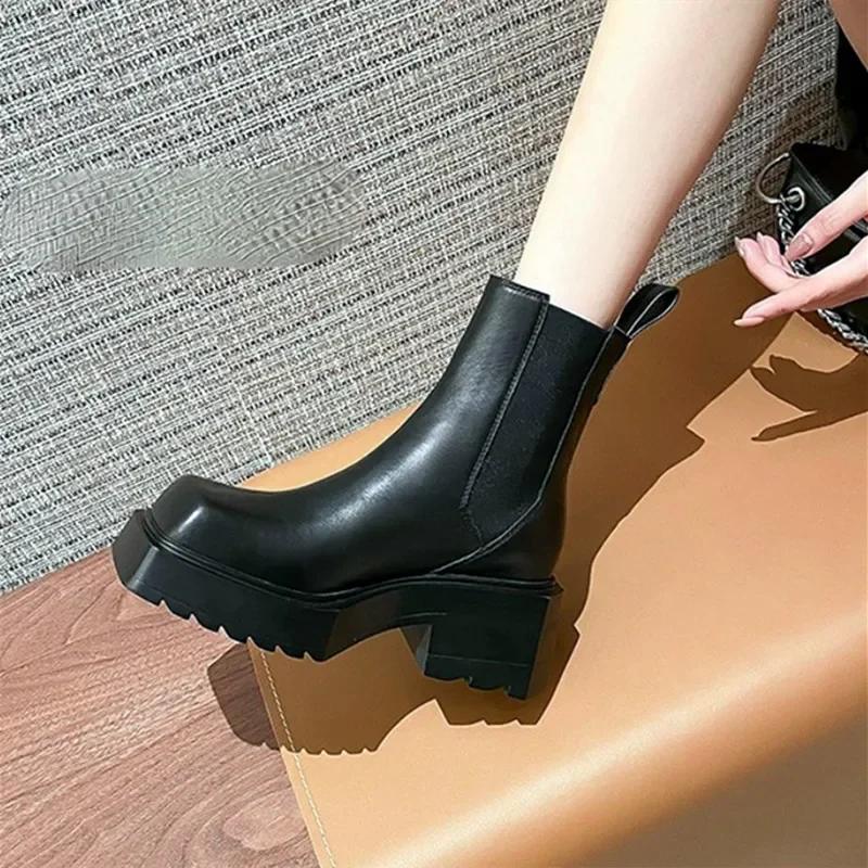 Fashion Black Leather Chelsea Boots Women Luxury Square Toe Thick Sole Non-slip Ankle Boots Cozy Chunky Heel Platform Shoes