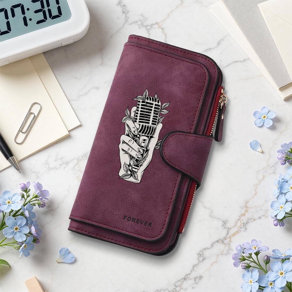 Vintage Mic Pattern Long Wallet Forever Engraved Purse for Daily Use