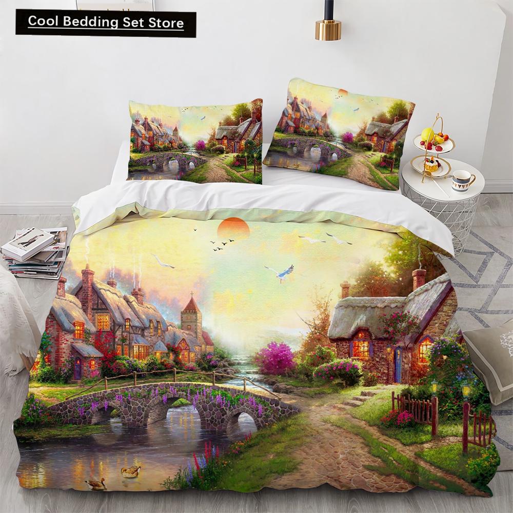 Oil Painting King Queen Duvet Cover Vintage Building Landscape Bedding Set for Adults Retro Art 2/3pcs polyester Quilt Cover