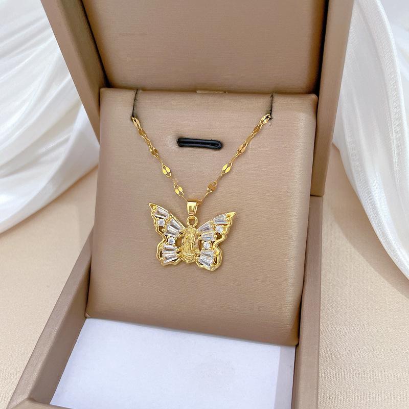 Empty Zircon Butterfly Light Luxury Temperament Gorgeous Full Diamond Necklace Female Versatile Collarbone Chain Titanium Steel Chain