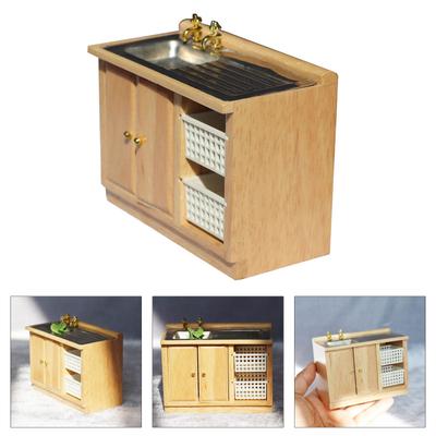 Antique Style Dollhouse Miniature Sink 1/12 Scale Wood Construction for Kitchen and Bathroom Occasion Kitchen Accessory