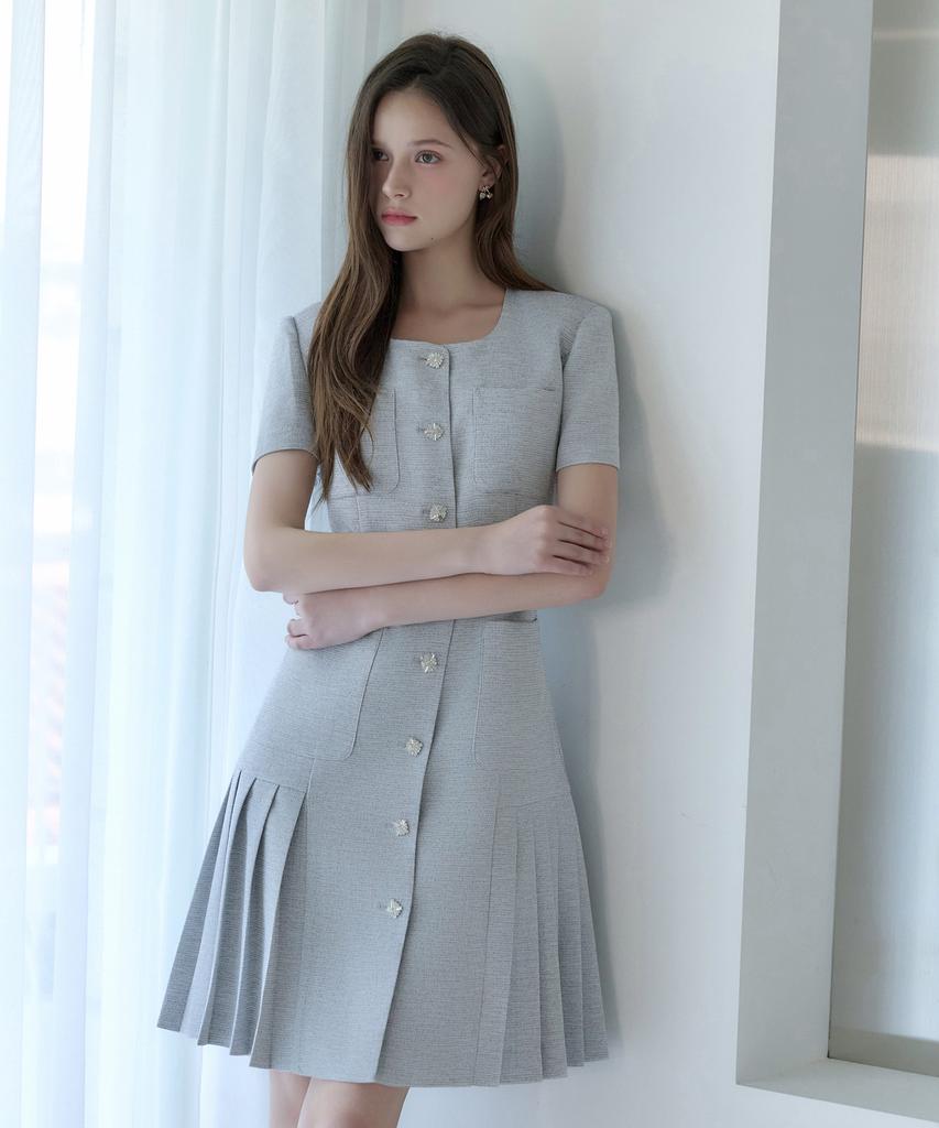 JULIY&CALLA 26Hs Love By You Ella Pleats Summer Tweed Dress Heathered Black Wedding Guest Look Ceremony Look