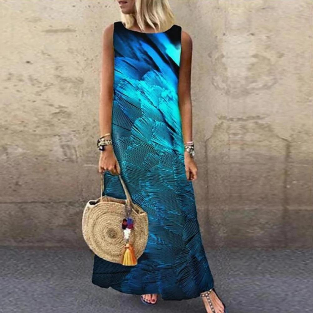 Ärmelloses Damenkleid mit Aufdruck, Rundhalsausschnitt, Gerader lockerer Schnitt, Modisch, Elegant für den Arbeitsweg, Lang, Lässig, Frühling, Sommer, Neu