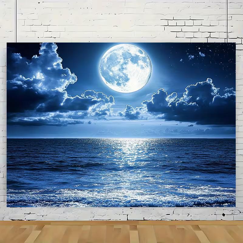 

2D Full Moon Sea Tapestry, Aesthetic Blue Ocean Wall Decor 47.2x31.5inch/120*80cm