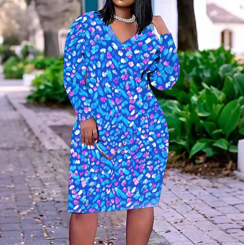 Women Plus Size V Neck Long Sleeve Red Floral Printed Fitted Straight Hem Dress
