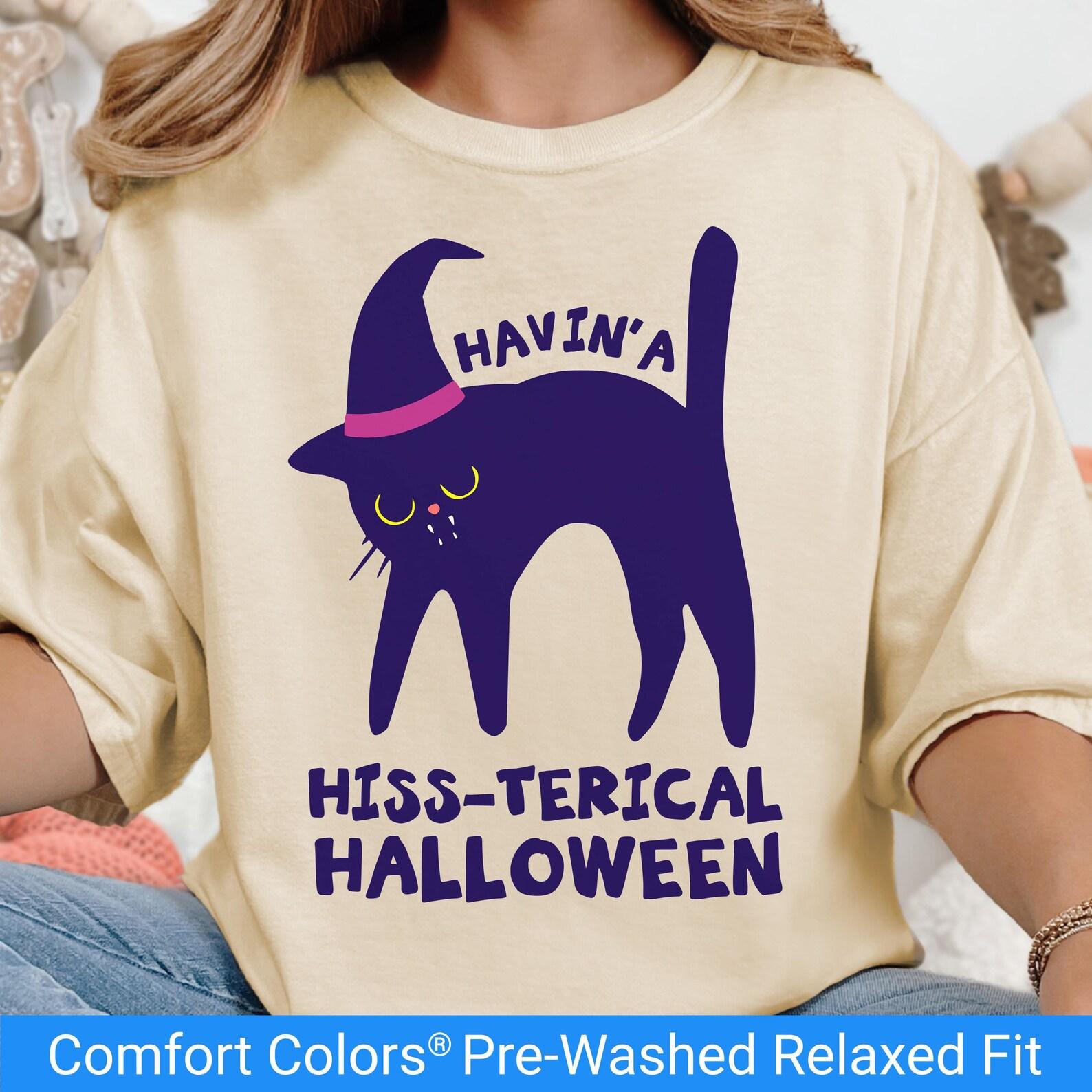 Funny Cat Halloween Tee, Hiss-terical Comfort Colors Black Cat Shirt, Witch Hat Cat T Shirt, Halloween Humor Tshirt, Cute Black Cat Shirt M