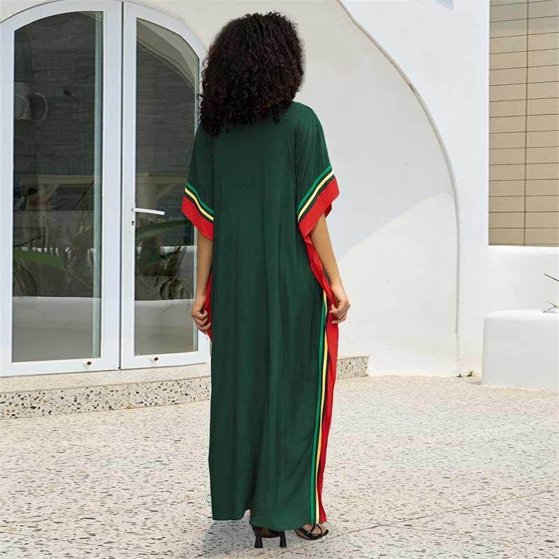 EDOLYNSA Dark Green Printed Relaxed Kaftan Women's Robe Kaftan Outfit Vacation Boho Swimsuit Cover-up Caftan Homewear House Dress Q1615