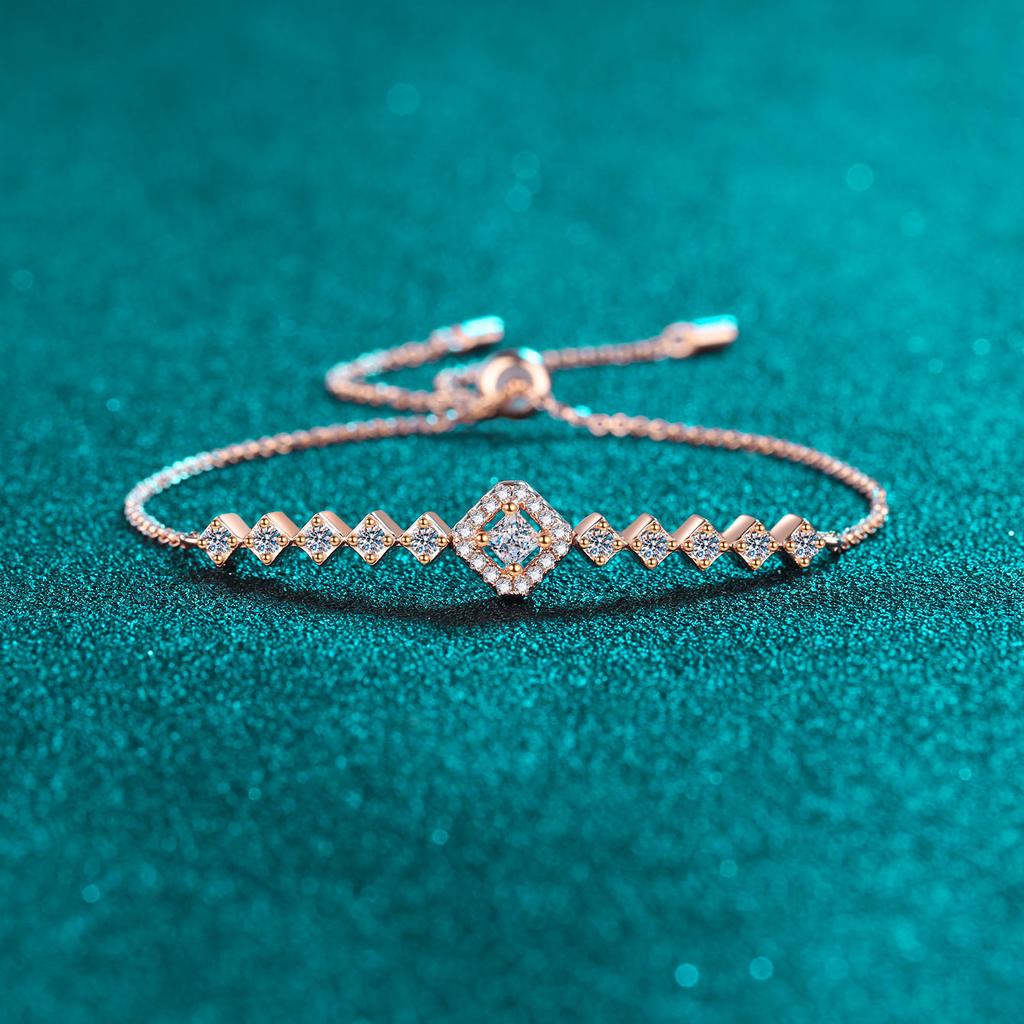 S925 Sterling Silver Moissanite Bracelet Three-dimensional Square Bracelet Push-pull Adjustable Chain Fresh and Simple Style