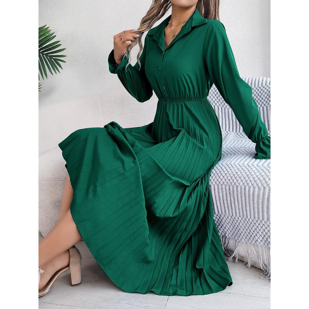 GMXIA Autumn and Winter Casual Lapel Button Long-sleeved Waist-cinching Pleated Long Dress Women's Clothing