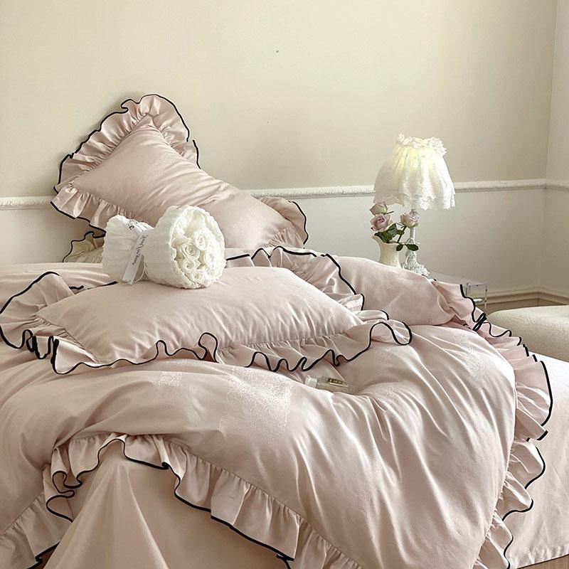 

1000TC Egyptian Cotton Princess Wedding Bedding Set Ruffles Black Edge Jacquard Duvet Cover Flat/Fitted Bed Sheet Pillowcases Flat Bed Sheet&Queen 200X230cm 4pcs