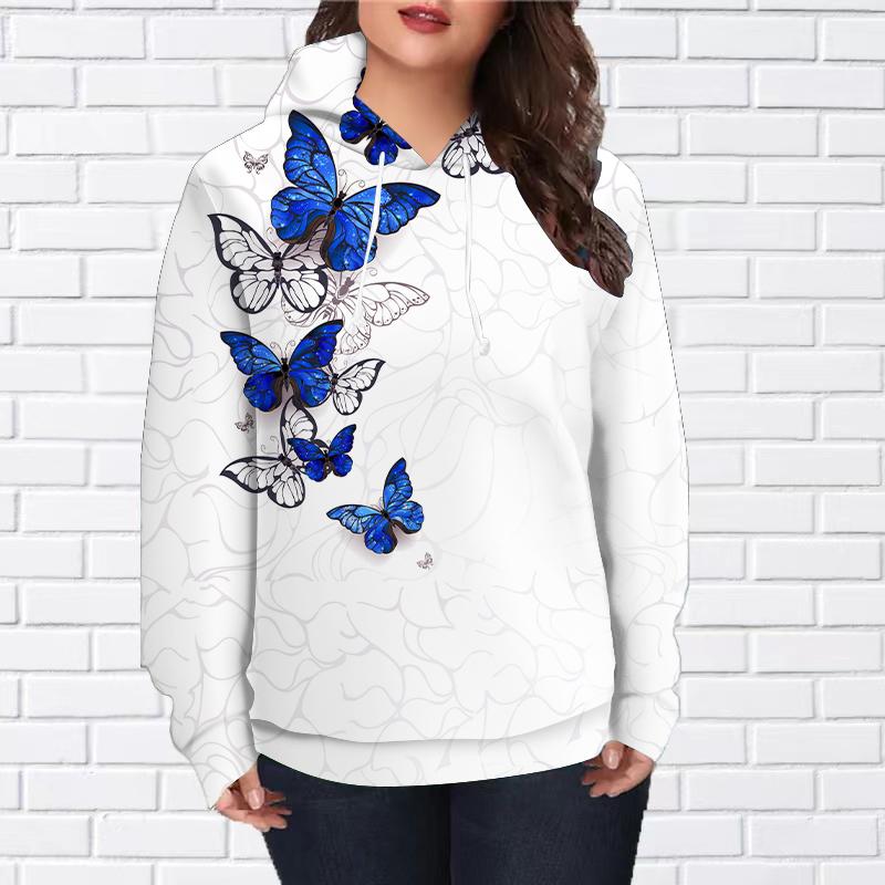 

Женская мода, черный, крутой, с принтом бабочек, свободные топы с капюшоном, блузка, свитшот, повседневный свитер с длинным рукавом 8XL белый