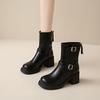 Fashion All Leather 7Cm Thick Heel Short Boots for Women's Shoes Autumn/winter New Double Buckle Decoration Breathable Slim Botas Mujer