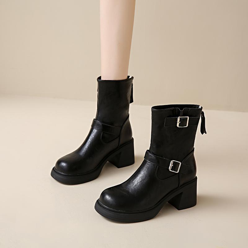 Fashion All Leather 7Cm Thick Heel Short Boots for Women's Shoes Autumn/winter New Double Buckle Decoration Breathable Slim Botas Mujer