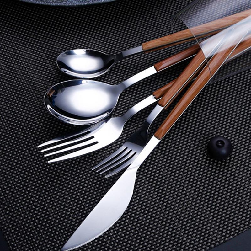 1/5Pcs 410Stainless Steel Imitation Wooden Handle Cutlery Set Dinnerware Clamp Western Tableware Elegant Knife Fork Tea Spoon