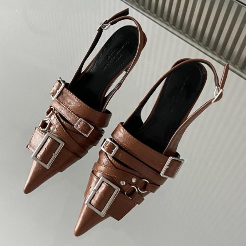 

Fashion Punk Style Buckle Decoration Middle Heel Pumps Women Fashion Pointed Toe Back Strap Designer Shoes Sexy Nightclub Dress Shoes 39 коричневый