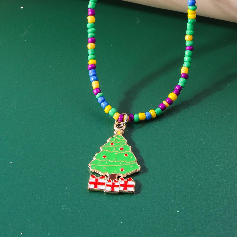 Green Christmas Tree Seed Bead Necklace Set - Holiday Choker Jewelry