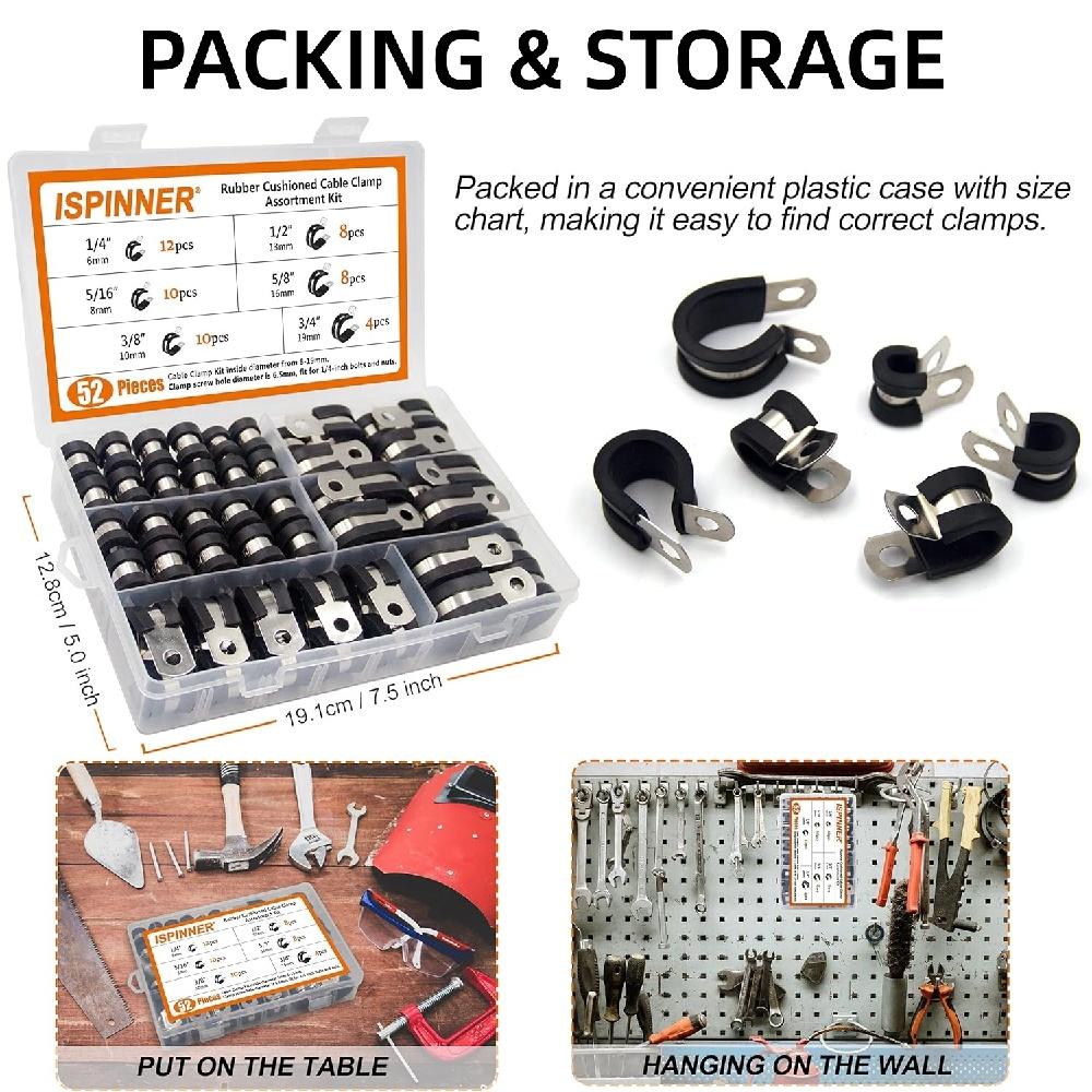 52Pcs Rubber Cushioned Cable Clamp Assortment Kit, 304 Stainless Steel Wire Pipe Clips, 6 Sizes 1/4" To 3/4" For Automotive Boat RV Cable Management