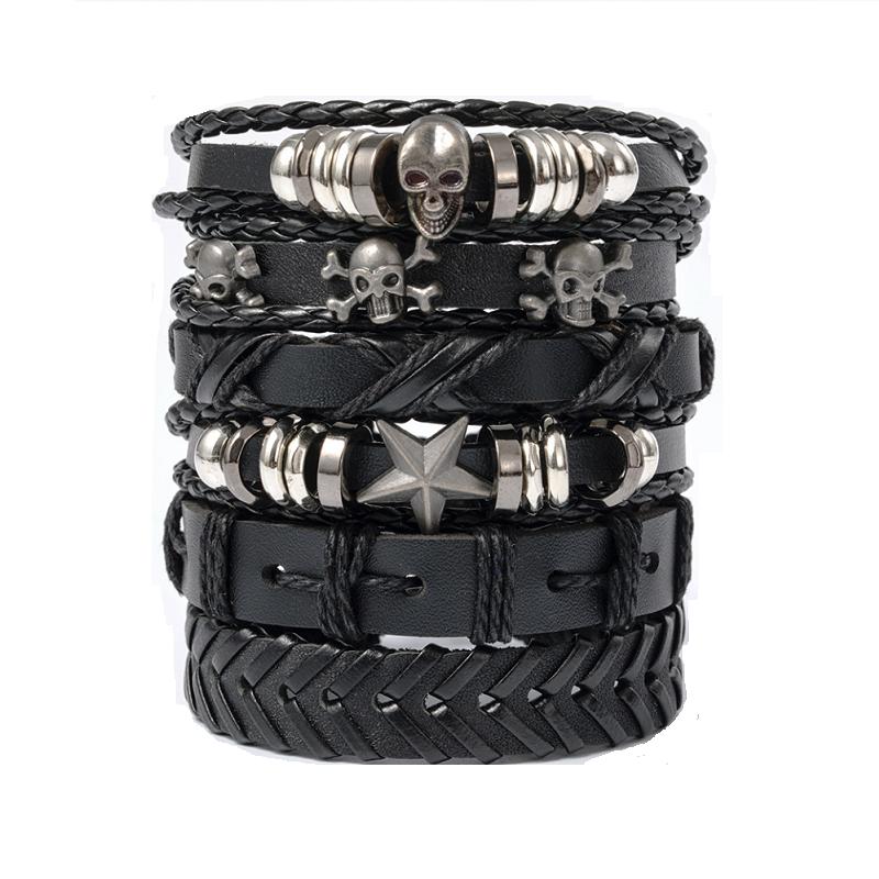 Punk Multilayer Antique Leather Bracelet Set Skull Eye Star Charms Hiphop Rock Y2K Vintage Pu Gothic Wristband Man Goth Jewelry