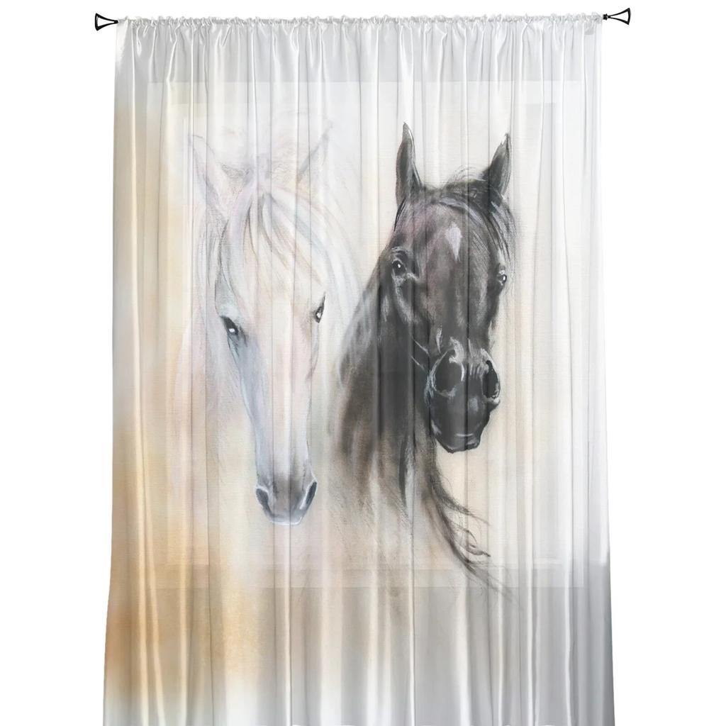 Black White Horse Watercolor Painting Tulle Sheer Window Curtains for Living Room Kitchen Children Bedroom Voile Hanging Curtain