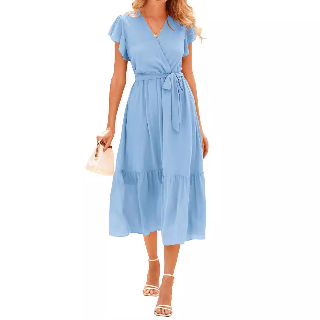 

2024 Summer Women s V-neck A-line Midi Pleated Dress with High Waist Belt Medium