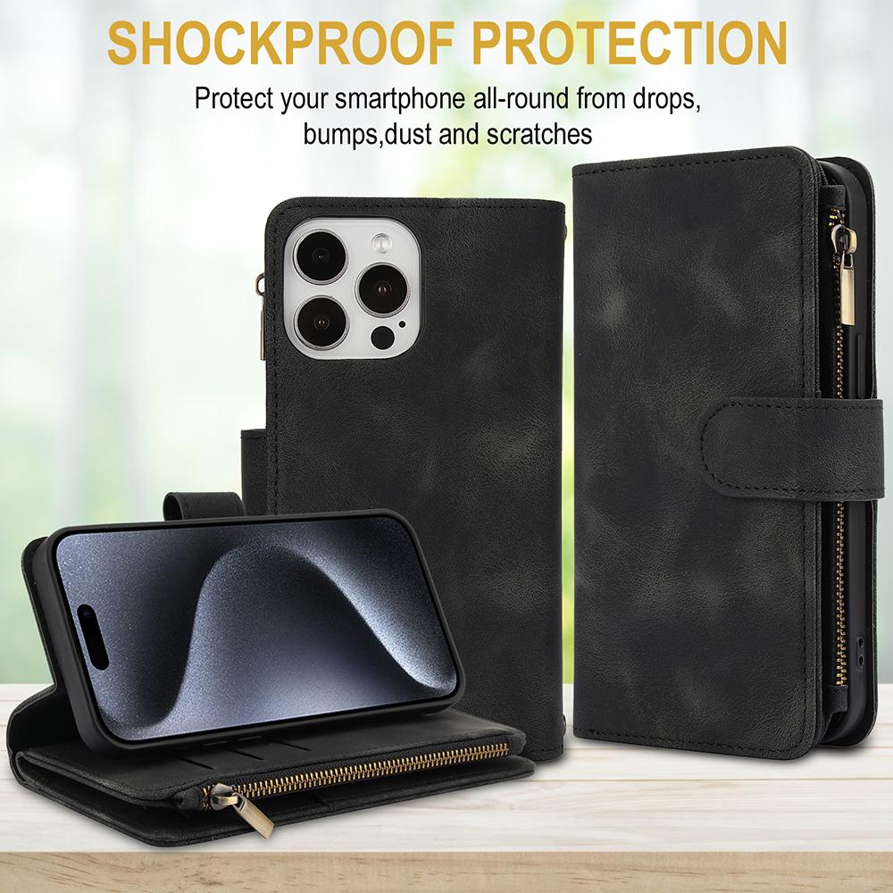 Peněženka 9 slotů na karty Flip Zipper Kožené pouzdro pro iPhone 16 15 Plus 14 13 12 11 Pro Max XR X Samsung S24 S23 S22 S21 Ultra Plus FE A15 A55 A14 A34 A54