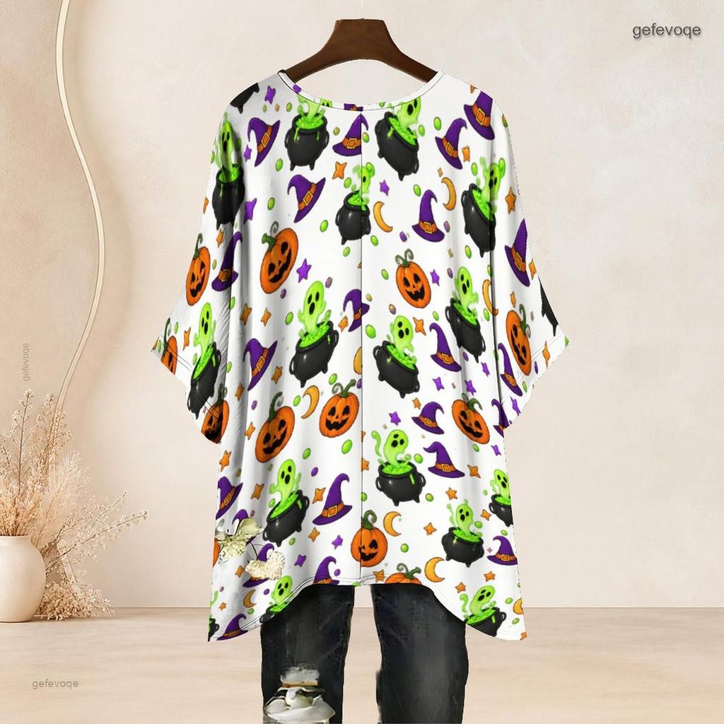 Women Plus Size Round Neck Batwing Sleeve Loose Halloween Printed White Top Side Slit Hem