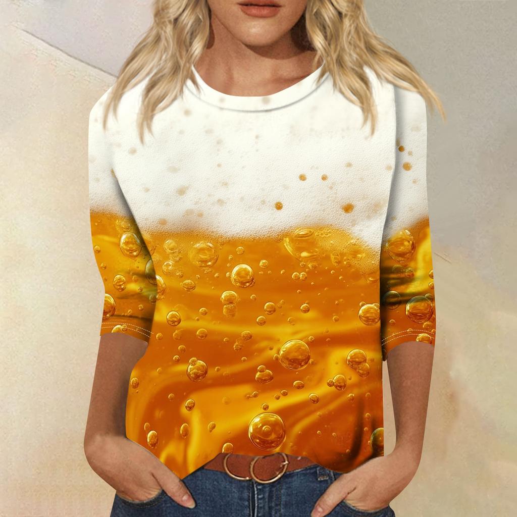 Womens Casual Crew Neck Three Quarter Sleeve Printed Top Relaxed Fit Soft Lightweight Festival Theme T Shirt Blouse