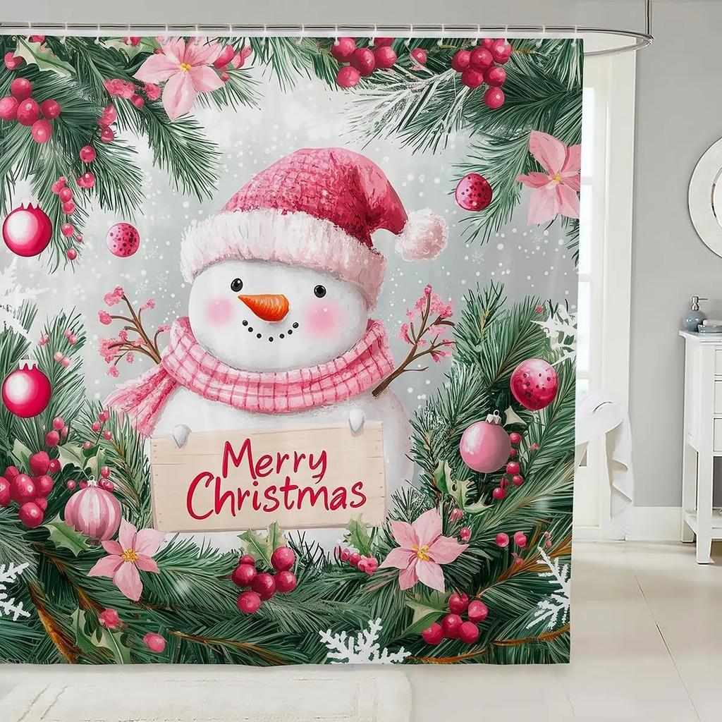 GAEChristmas Happy Santa Claus Shower Curtain Red Xmas Decorations Fabric Shower Curtain,White Snowflake Bathroom Shower Curta