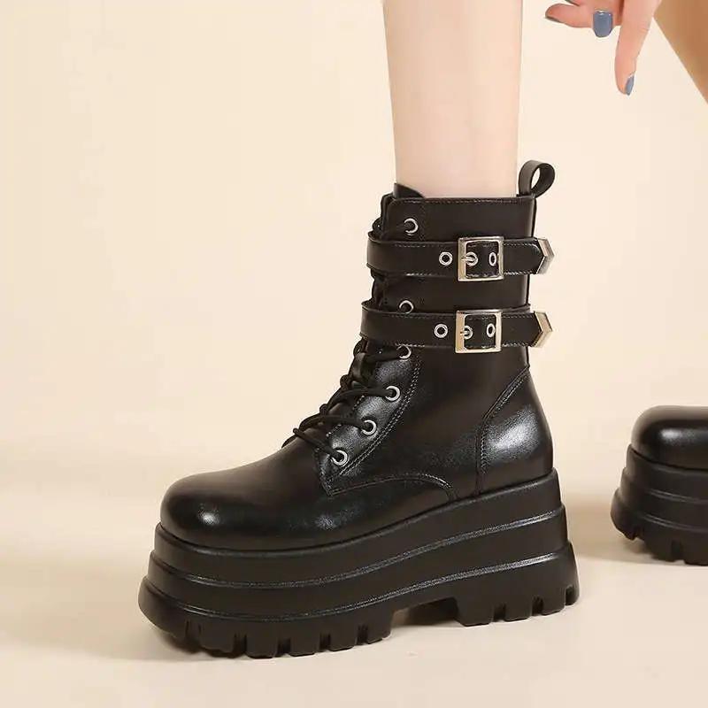 Punk Style Women Shoes Lace-up heel height 9CM Platform Shoes Woman Gothic Ankle Rock Boots Metal Decor Woman Sneakers
