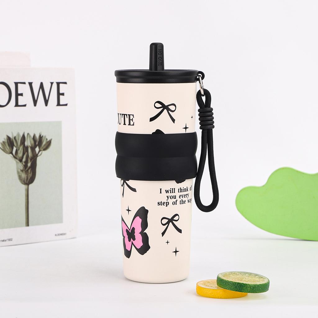 1pcs 500ml Stainless Steel Thermos Cup  Portable Cold-keeping Ice Cup, Outdoor Straw Cup with Lifting Rope Car Coffee Mug