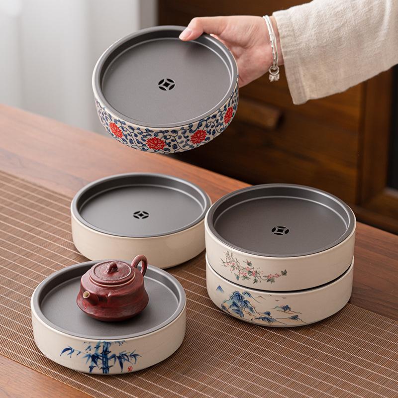 Tea Tray Ceramic Blue and White Entwined Flower Pattern Water Storage Tray Pot Construction Water Tray Dry Soaking Table