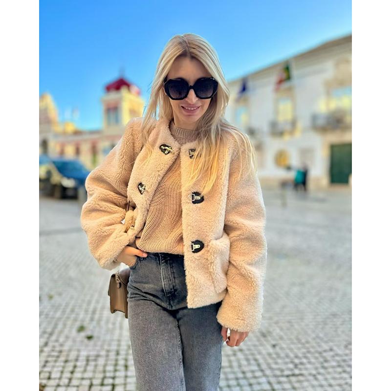 Zimowa damska retro uliczna urocza wiosenna kurtka z kieszeniami z polaru zapinana na guziki damska 2-kolorowa prosta kurtka do dojazdów