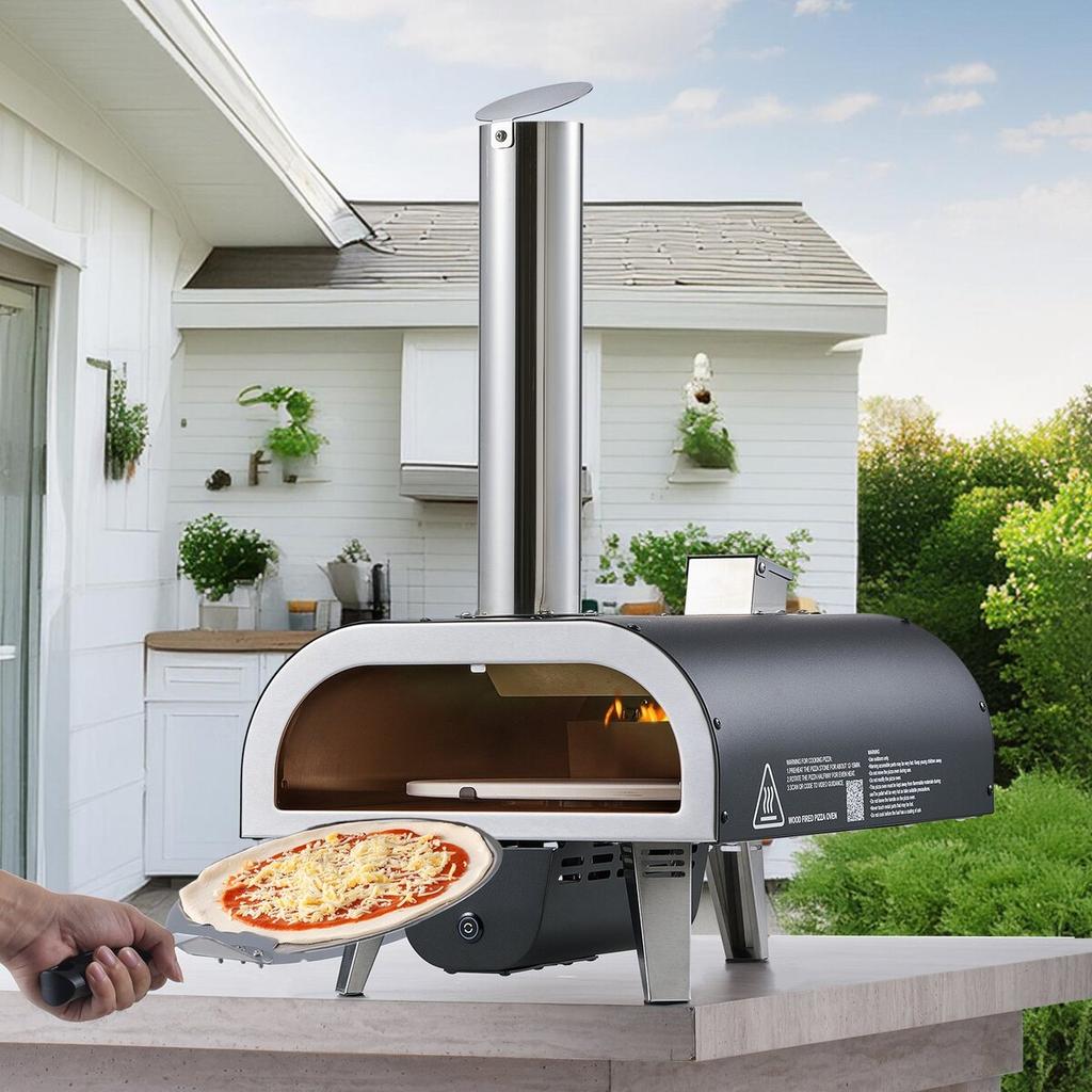 Outdoor Pizza Oven, 12 In Wood Fired Pizza Ovens, Pellet Pizza-Stove with Thermometer & Electric Rotation, Portable Pizza-Maker for Outside Backyard