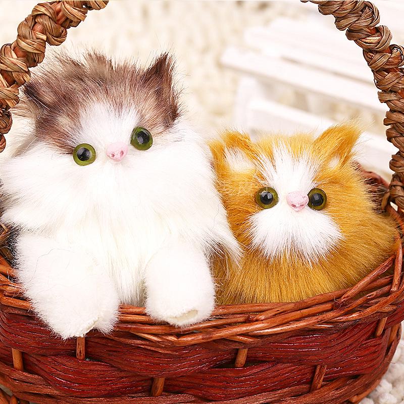 Pink & Yellow Yarn Tent Basket with Faux Fur Cat and Kitten Figurine
