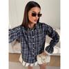 Women Plaid Button Down Shirt Lapel Collar Long Sleeve Lace Cuff Casual Loose Blouse