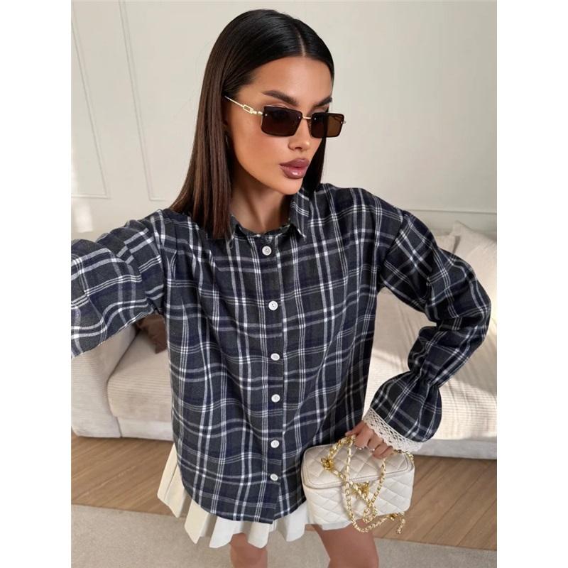 Women Plaid Button Down Shirt Lapel Collar Long Sleeve Lace Cuff Casual Loose Blouse